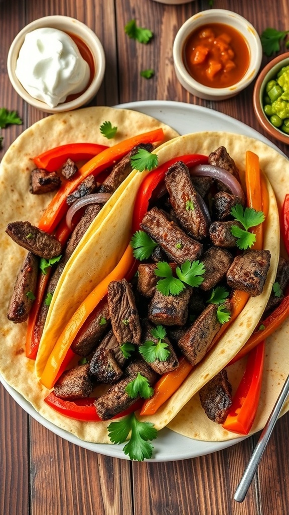 Air Fryer Steak Fajitas Recipe A plate of air fryer steak fajitas with steak, bell peppers, onions in tortillas, garnished with cilantro and served with sour cream and guacamole.